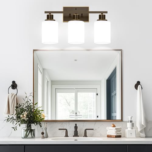 Image of 3-Light Bathroom Light Fixtures, Vanity Light with Milky White Shades, Oil-Rubbed Bronze Bathroom Light Fixtures Over Mirror, Modern Bathroom Wall Lamp for Mirror Living Room Cabinet Bedroom