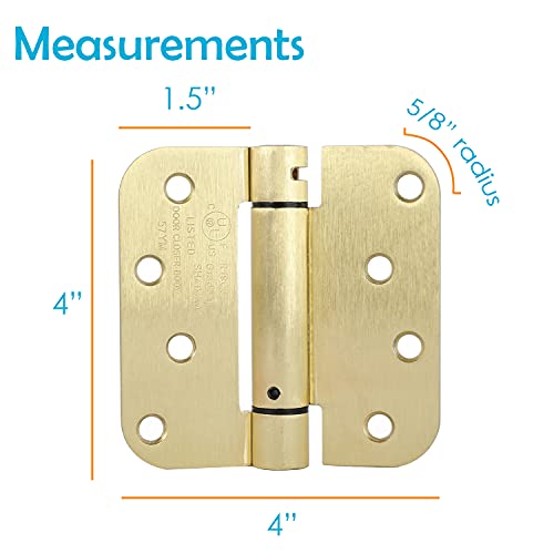 Houseables Self Closing Door Hinges, Mortise Spring Hinge, 5/8" Radius Corner, Brass Finish, 4” X 4”, 2 Pack, 2.7 Mm, Automatic Closer, Adjustable, Tension Loaded, Auto Close Pin, Heavy Duty #TOP1