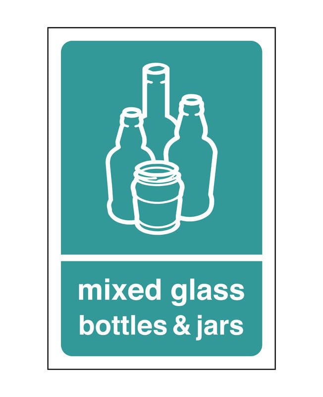 Mixed glass bottles & jars - safety signs(Pack of 100) - High tack self-adhesive sticker (150mm x 100mm) Viewing Distance within 3m.