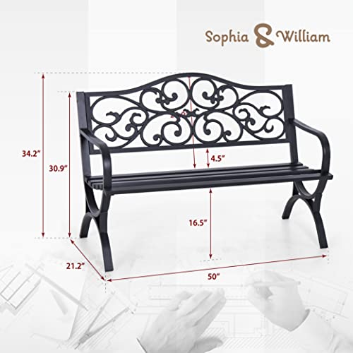 Sophia & William 50" Outdoor Garden Bench Patio Park Bench, Cast Iron Metal Frame Furniture with Floral Design Backrest for Porch Yard Lawn Deck, Black - Image 4