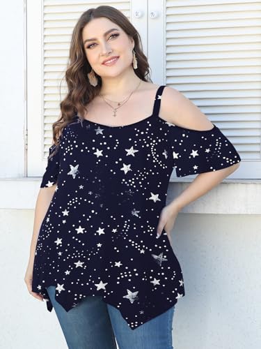 Image of LARACE Cold Shoulder Tops for Womens Summer Clothes Spaghetti Strape Tunic Oversized Shirts Asymmetrical Plus Size Blouse