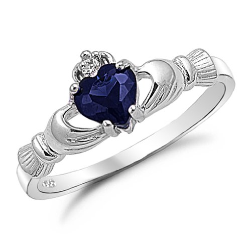 Kriskate & Co. Irish Claddagh Ring .925 Sterling Silver with Simulated Blue Sapphire Heart Promise Ring Size 8