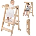 Foldable Toddler Tower, Kitchen Stool Helper, Standing Tower with 3 Adjustable Heights and Non-Slip-Strips, Learning Tower for Kids 1.5-6 Years, Montessori Stool for Kitchen Counter Sink,Wood