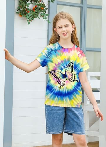 Image of SunFoucs Girls Kids Shirts Size 5-12 Tie Dye Casual Tshirt Short Sleeve Crewneck Tee Top | Short Sleeve Rainbow Tee Top