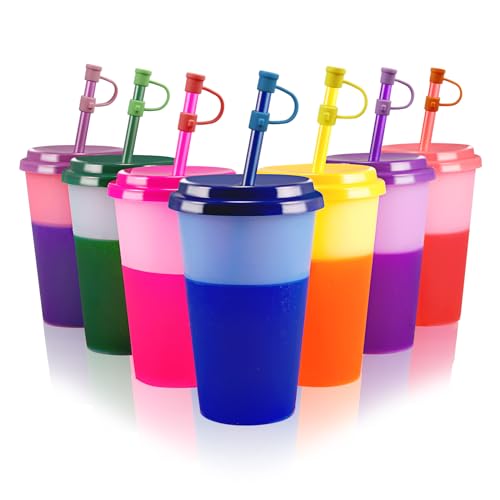 Patinao 7 Stück Becher Tasse Trinkbecher mit Strohhalm & Deckel - 350ml Farbwechselbecher Mehrweg Plastikbecher Tasse Eiskaffee Smoothie Cup Travel Mug (mit Silikon Strohhalm Cover)