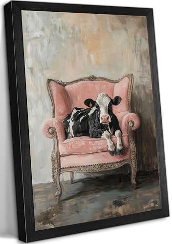 Framed Funny Cow Canvas Wall Art, Vintage Cows On The