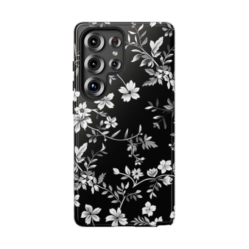 Coque Samsung S25 Ultra motif floral noir et blanc rigide brillante protection téléphone