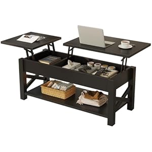 Rolanstar Coffee Table, 47.2″ Lift Top Coffee Table with Hidden Compartment, 2 Way Lift Top Coffee Table with Open Shelf & X Wooded Support, Farmhouse Center Table for Living Room, Black