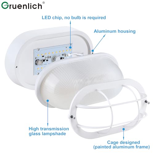Image of GRUENLICH Outdoor Bulkhead Light, LED Oval Wall Sconce, Rustproof, White | 8.5 inch Dimmable Wall Light for Porch, Garage, Walkway, Nautical, 6W 600 Lumen, Aluminum, Glass, Waterproof, 3000K, 1 Pack