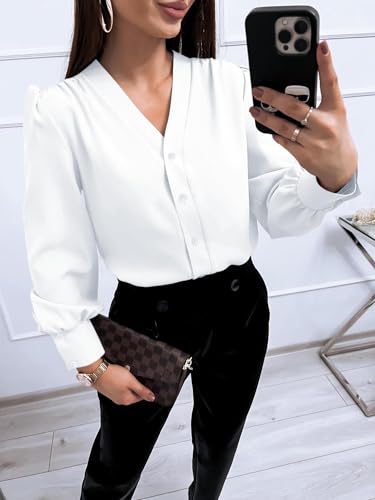 Women's Business Casual Tops Satin Silk Long Sleeve Button Down Shirts V Neck Chiffon Work Blouses4