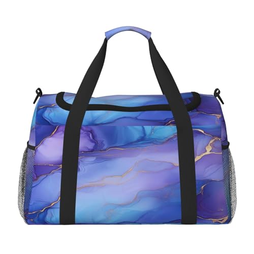Purple Blue Marble Texture Travel Duffel Bag with Strap Multi Pockets Sports Bag Handbag Large Shoulder Bag for Gym Weekend Fitness Camping