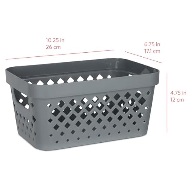 Glad Plastic Baskets for Organizing, Set of 6 | Pantry Storage for Under Counter, Linen Closet, and Bathroom | Nesting Shelf Bins with Handles, 1 Gallon, Grey