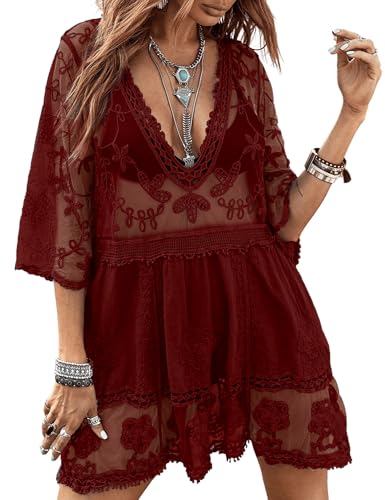 Image of Eomenie Women's Contrast Lace Bathing Suit Cover Up V-Neck Swimsuit Coverups Loose Swimwear Beach Dress Beachwear