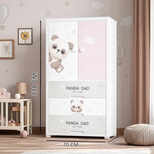 Image of Mevigo 4- Door Plastic Wardrobe for Kids| Almirah and Wardrobe for Baby Clothes| Modular Storage Cabinet with Wheel Organizer for Cupboard Rack for Clothes /Shoes /Books /Toy -Little panda-SJ6514