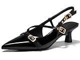 Coutgo Womens Slingback Kitten Heels Low Heel Closed Pointed Toe Pumps Buckle Strap Heeled Sandals Shoes, Black, Size 10