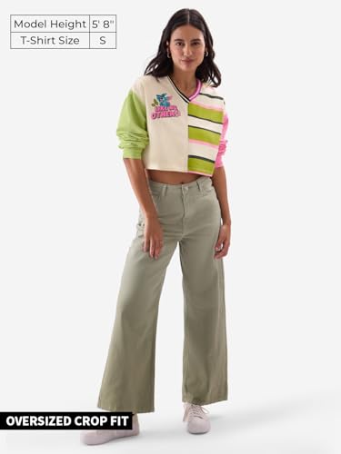 Image of The Souled Store Lilo & Stitch: Like No Other Women and Girls Full Sleeves V Neck 100% Cotton Oversized Fit Cropped Tops Multicolour Graphic Tops Casual Fashion Full Sleeves Round Neck Printed