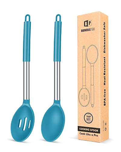 Pack of 2 Large Silicone Cooking Spoons,Non Stick Solid Basting Spoon,Heat-Resistant Kitchen Utensils for Mixing,Serving,Draining,Stirring (BLUE)