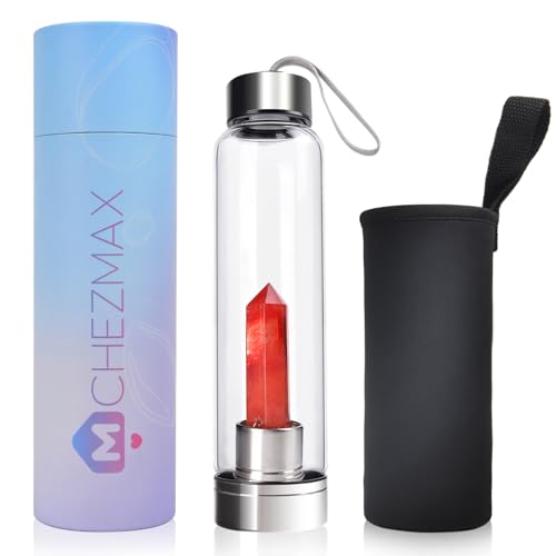 ChezMax Crystal Glass Water Bottle Energy Quartz Gemstone Water Bottle with Changeable Natural Crystal Center for Healing and Wellness Red Fused Crystal