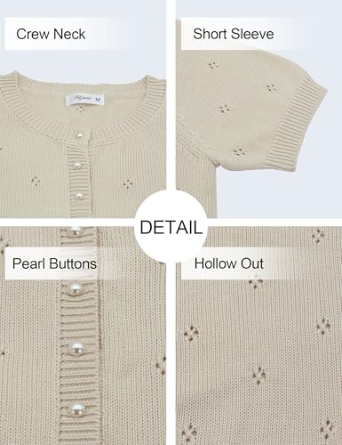 Image of Womens Cardigan Short Sleeve Lightweight Cropped Sweaters 2025 Summer Button Up Shirts Crew Neck Crochet Knit Top