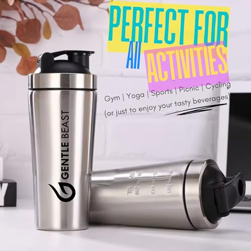 Image of GENTLE BEAST N1 Grade Steel Shaker Bottle with Blender Mixer Ball - Stainless Protein Shaker Bottle Steel for Gym - BPA Free, Food Grade