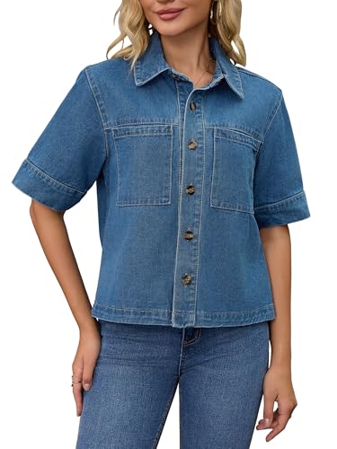 Women's Short Sleeve Denim Jacket Button Down Boxy Shirt Tops
