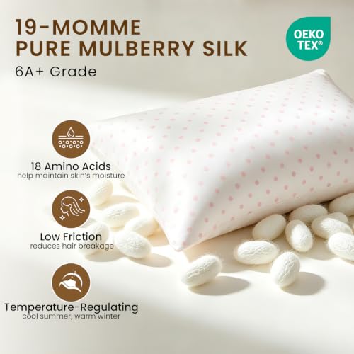 Image of THXSILK Set of 2 Mulberry Silk Pillowcase for Hair and Skin, Cooling Bed Pillow Cover with Hidden Zipper, Soft Smooth Print Silk Pillowcase Gifts for Women Men (Queen 20 inchx30 inch, Pink White Polka Dot)