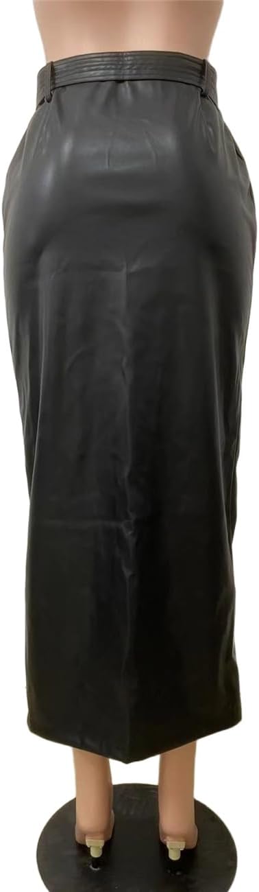 Faux PU Leather Maxi Long Skirt with Belt, Women Button Down Slit Skirt - Image 6