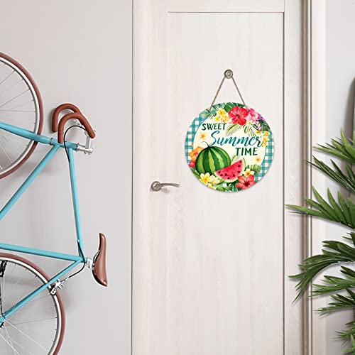 Deroro Sweet Summer Time Watermelon Front Door Sign, Tropical Hibiscus Frangipani Flower Wood Door Hanger Outdoor Outside Porch Decor, Hawaii Palm Leaves Wooden Wreath Indoor Wall Hanging Decoration #TOP3