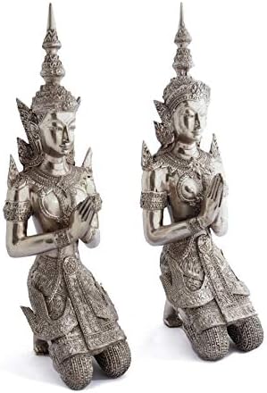 Siam Sawadee Buddhist Thai Angels Bronze Teppanom Kneeling Namaste Statues in Pair Handmade Artefact from Southeast Asia Chiang Mai Thailand
