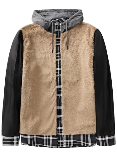 Mr.Stream Men's Hooded Coat Casual Thicken Plaid Work Flannel Snap Sherpa Lined Fleece Shirt Jacket2