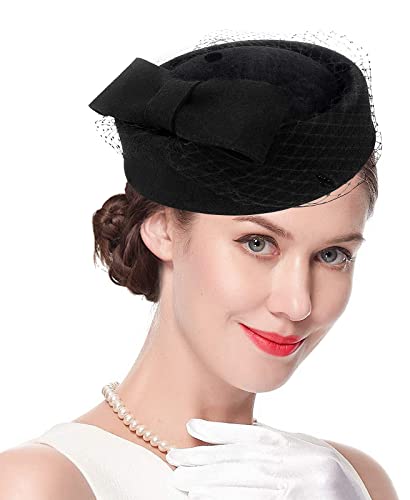Ellydoor Wool Fascinator Hat Winter Wool Felt Pillbox Hat For Women Wedding Church Hat Veil Bowknot Fedoras Black #TOP18