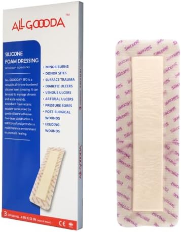 ALL GOOODA Silicone Foam Dressing 4”x12”[3 Pack] Post-Op Gentle Adhesive Border for Surgical Wound Care, Incision, Sacrum, Pressure Sore, Diabetic Ulcer, Extra Long Large Wound Bandage