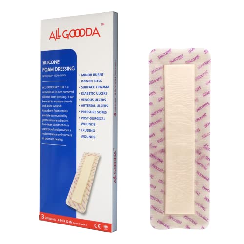 ALL GOOODA Silicone Foam Dressing 4”x12”[3 Pack] Post-Op Gentle Adhesive Border for Surgical Wound Care, Incision, Sacrum, Pressure Sore, Diabetic Ulcer, Extra Long Large Wound Bandage