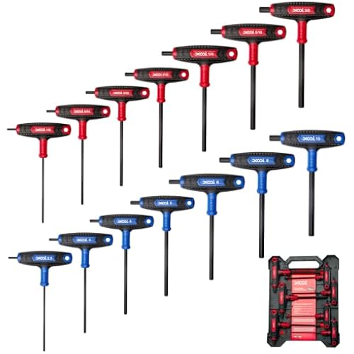 XOOL 14PCS T Handle Allen Wrench Set, Metric & SAE Hex Key Set, Long Arm Hex Key Wrench Set with Portable Organizer