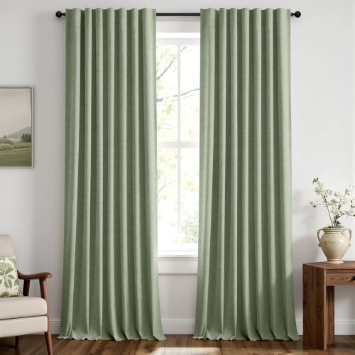 MIULEE 100% Blackout Linen Curtains 42 x 108 Inch Sage Green 2 Panel