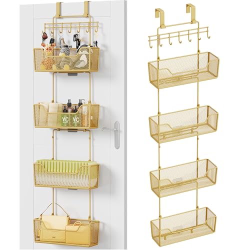 HapiRm Over The Door Organizer - Hanging Door Organizer with 4 Metal Large Capacity Baskets and Adjustable Coat Hook for Bathroom Bedroom Kitchen Pantry Closet Cabinet