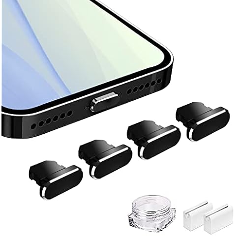 VIWIEU Anti Dust Plugs Metal Cover Compatible with iPhone 14 13 12 11 X XS XR 8 7 SE Mini Plus Pro Max iPad AirPods 4 Pack, Lightning Charging Port Dust Caps Protector with Plug Holder (Black) Cover
