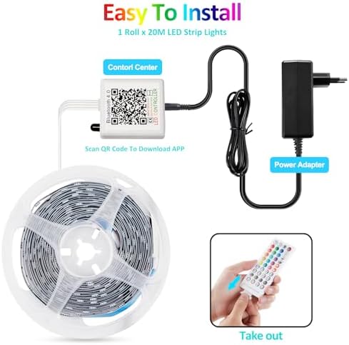 LED Strip Lights 20m, RGB Bluetooth Ultra-Long LED Light with Remote, Music Sync, Smart App Control, Colorful LED Lights Strip for Bedroom, Home, Party, Bar