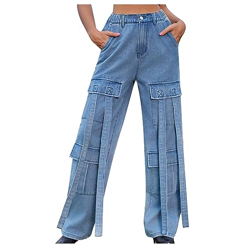 XUNRYAN Cargo Pants Womens Baggy Y2K High Waist Parachute Pants Utility Pants Pockets Fashion Hippie Clothes Streetwear Blue