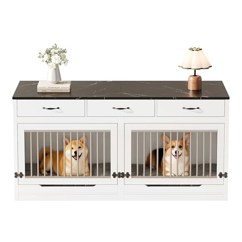 Hundekäfig, für 2 Hunde, Innen- Hundehütte, Klappdeckel, abnehmbare Trennwand, 3 Schubladen, Weiß +Schwarz, XXL, 164×60×81cm