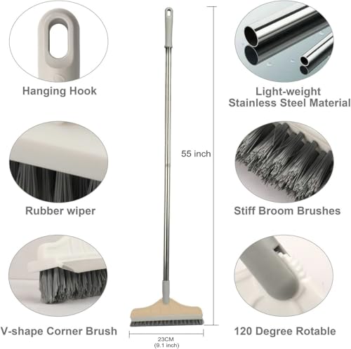 Image of 2 in 1 Floor Brush Scrubber with Long Handle Grout Brush 3 Poles 53.5'' New Upgrade Stiff Bristle Cleaning Scrub Brush with Squeegee 120Rotating Tile Brush for Cleaning Bathroom Glass Patio Kitchen