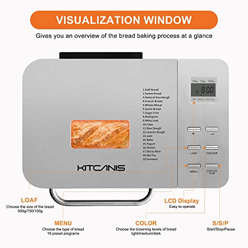 Bread Maker Machine KITCANIS, 2.2LB Stainless Steel Bread Machine, 15H Timer&1H Keep Warm, Sourdough, Gluten-Free, Dough Maker, Bread Making Machine with Nonstick Pan, Recipes, 650W