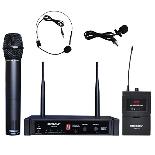 Freeboss FB-U10 Dual Way Digital UHF Wireless Microphone with Bodypack(1 Piece Lapel Mic + 1piece Headset Mic) and Handheld Mic
