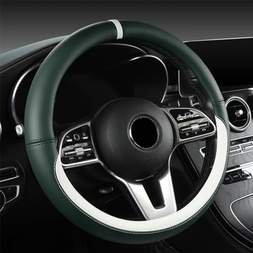 Cobear Microfiber Leather Steering Wheel Cover, Soft, Breathable and Comfortable to Touch, Protect Your Steering Wheel, 14 1/2 inch to 15 inch, Dark Green/White, O-Type