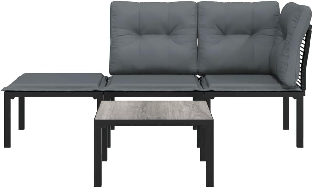 vidaXL Patio Lounge Set - 4 Piece in Black and Gray Poly Rattan - Modular Design with Comfortable Cushions, Footstool and Practical Table