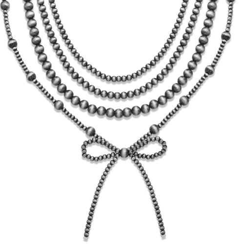 4pcs Western Navajo Pearl Stackble Necklace Jewelry For Women Beaded Chain Bow Pendant Boho Handmade Long Layered Country Concert Necklace Set Silver Pearl