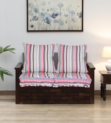 Image of Woven Quilted Floor Cushion Set 40x40x8 CM Multi Color Stripe with Fillers & Back Cushion, Large Size for Seating, Patio Seat, Meditation, Yoga, Pooja, Guests, Living 16x16x4 Inch