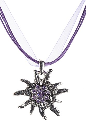Trachtenkette Edelweiss Trachtenschmuck - Trachten Kette mit feinem Strass in div. Farben - Halskette für Dirndl und Lederhosen (Flieder-)