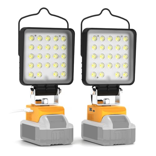 wokelux 2 Pack Cordless LED Work Light for Dewalt 20V Max Battery, 96W 10000LM Light with USB and Type-C Charging Port, Outdoor Handheld Flood Light, Low Voltage Protection - No Battery
