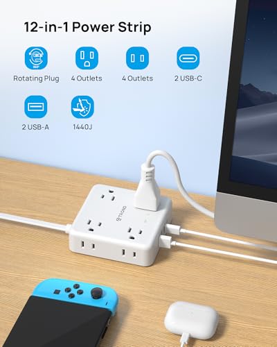 Image of TROND 360 Rotating Flat Plug Power Strip, 10FT Flat Extension Cord with Multiple Outlets 4 USB (2 USB C), Wall Mount Surge Protector 1440 Joules for Home Office Travel Dorm Room Essentials, White